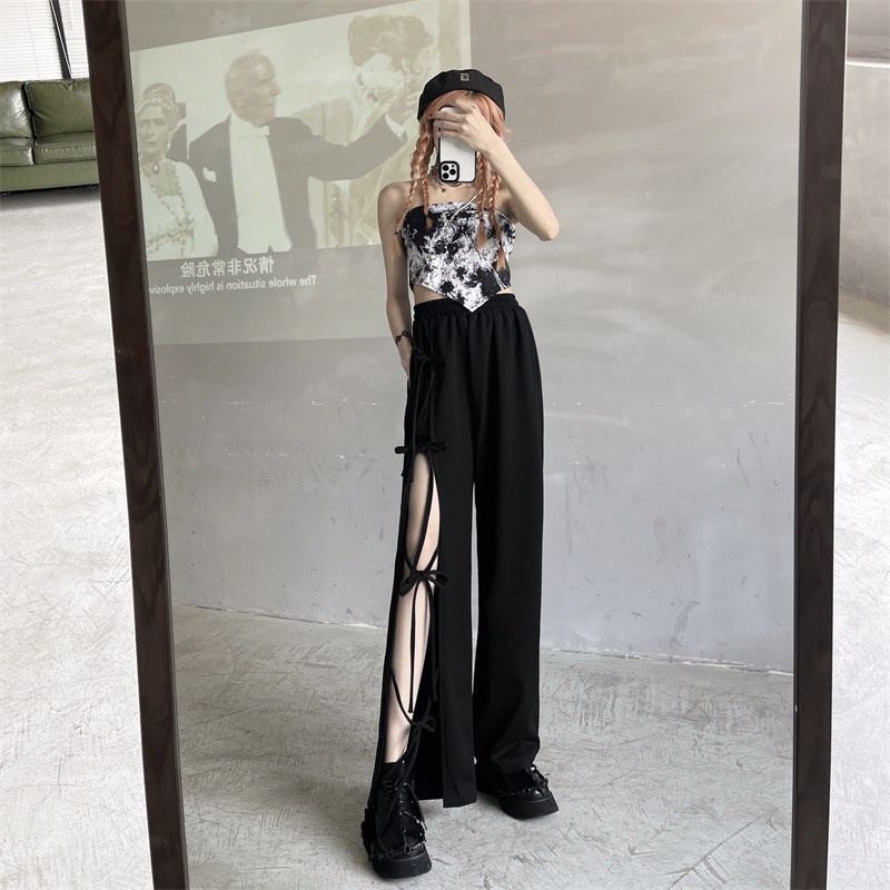 Quần Dài Ống Rộng Phối Dây Thắt Thời Trang 198686Quần Dài Ống Rộng Màu Tối Phong Cách Hàn Quốc Thời Trang Trẻ Trung