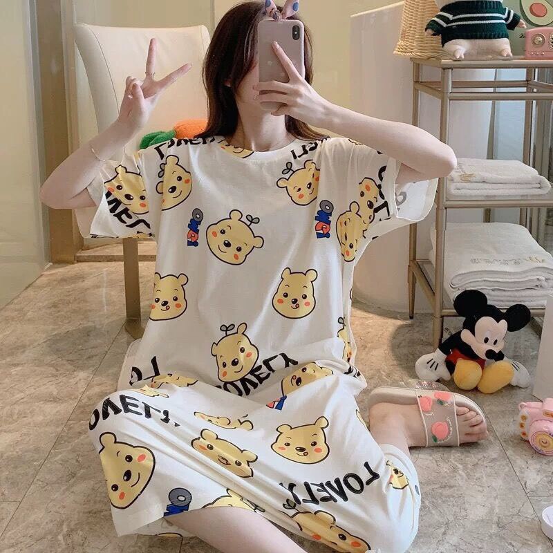 Đầm ngủ thun hoa tiết quảng châu, chất cotton form rộng thoáng mát
