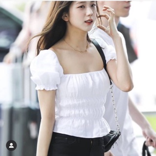 Áo croptop tay bồng ngắn cổ vuông nhún thân co giãn tiểu thư - by SugarG