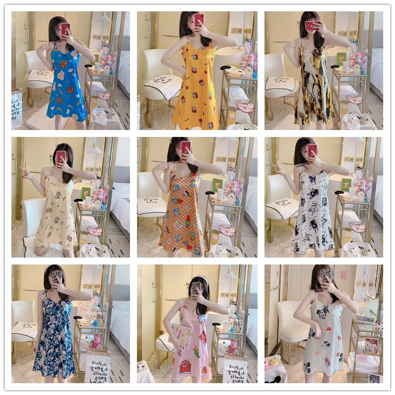 Đầm Ngủ Hai Dây Thoải Mái Họa Tiết Hoạt Hình Xinh Xắn Tùy Chọn Cho Nữ