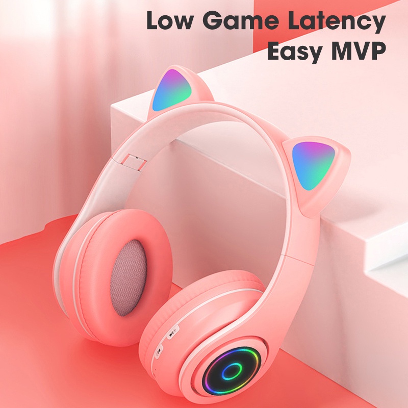 SHIP NHANH Tai nghe bluetooth mèo dễ thương có micrô, đèn LED màu có thể gập lại, kết nối điện thoại di động máy tính