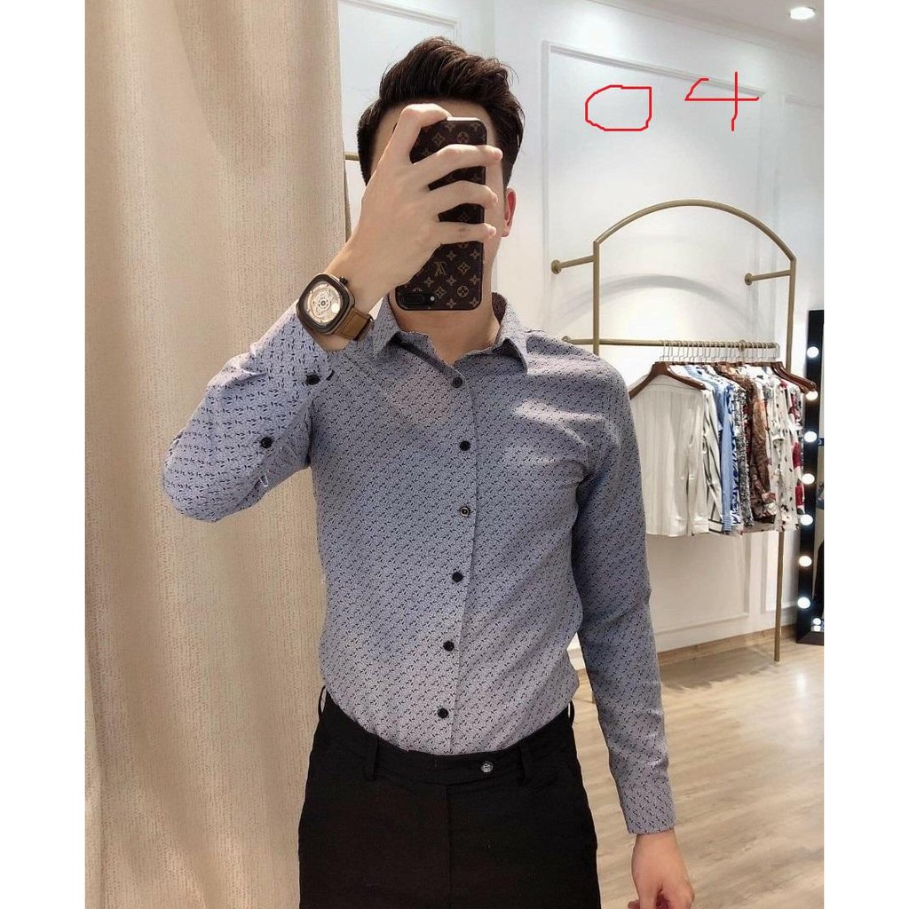 Sơ mi nam họa tiết phối màu xám chất cotton mềm form ôm phù hợp cho nam