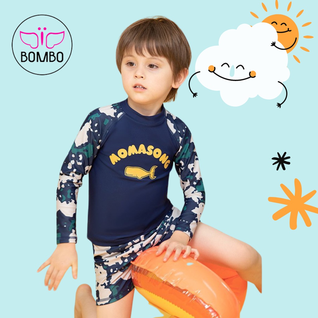 Đồ bơi bé trai tay dài MomaSong chống nắng chống UV in hình cá voi vàng 908211