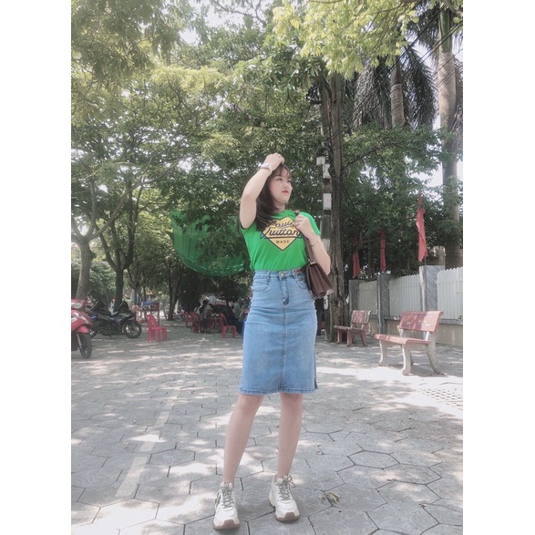 Chân váy jean co giãn 4 chiều mã xẻ ngang hot trend - JQ379 - hàng co giãn mặc cực kỳ thoải mái