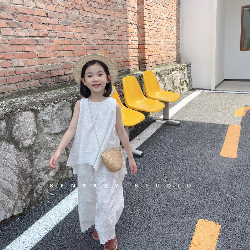 Set Đồ Mùa Hè 5 Món Gồm Áo Không Tay Thêu Họa Tiết Phong Cách Phương Tây + Quần Ống Rộng Cho Bé Gái