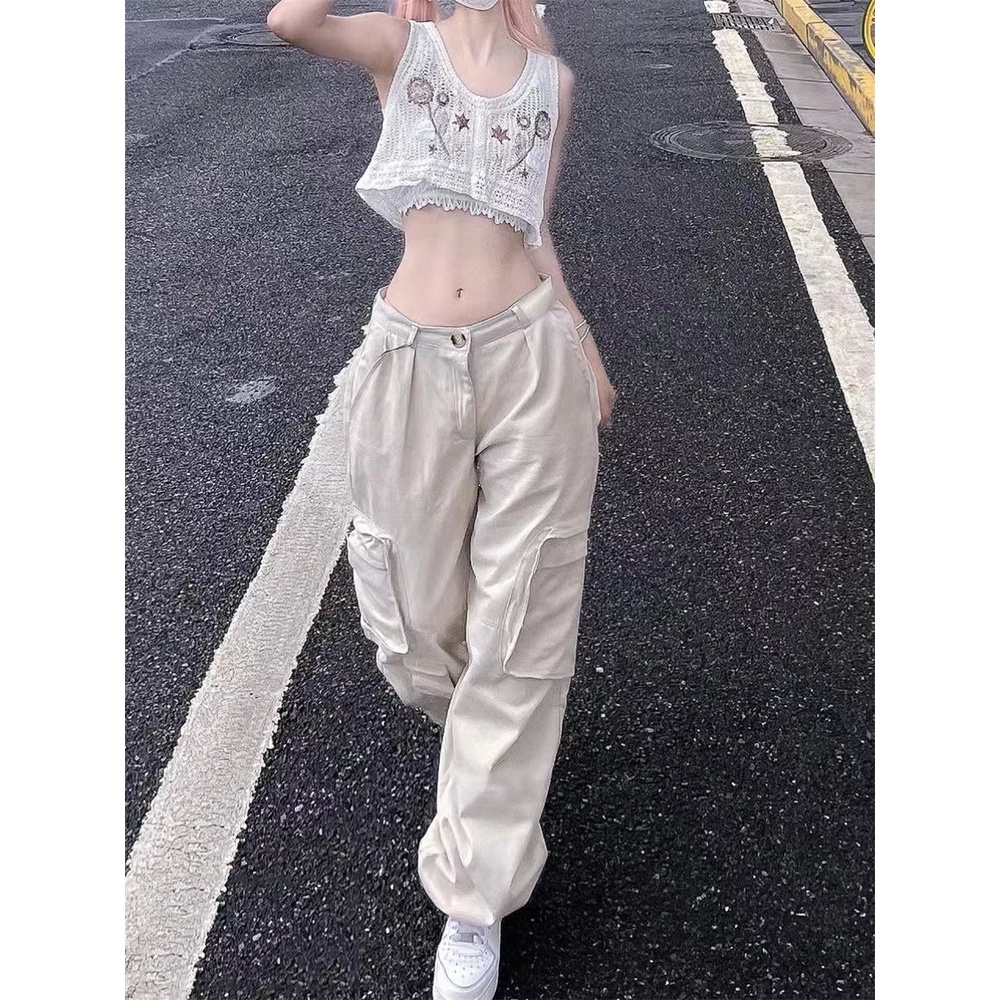 Quần Dài Ống Rộng Lưng Cao Phối Dây Rút Phong Cách Hip Hop Mỹ Thời Trang Mùa Hè Cá Tính Cho Nữ