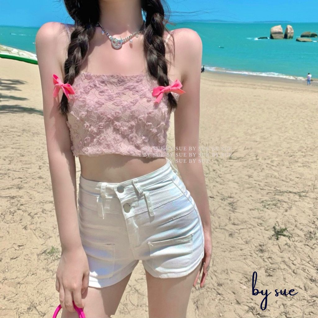 Áo bra hoa hồng BY SUE dáng quây, có mút ngực, sau lưng có thun co giãn ôm body gợi cảm AB09