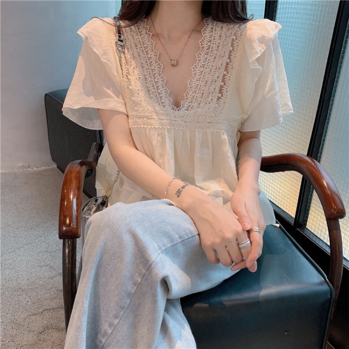 Linki ✧ Áo Sơ Mi chiffon Tay Ngắn Cổ Chữ v Thời Trang Cho Nữ