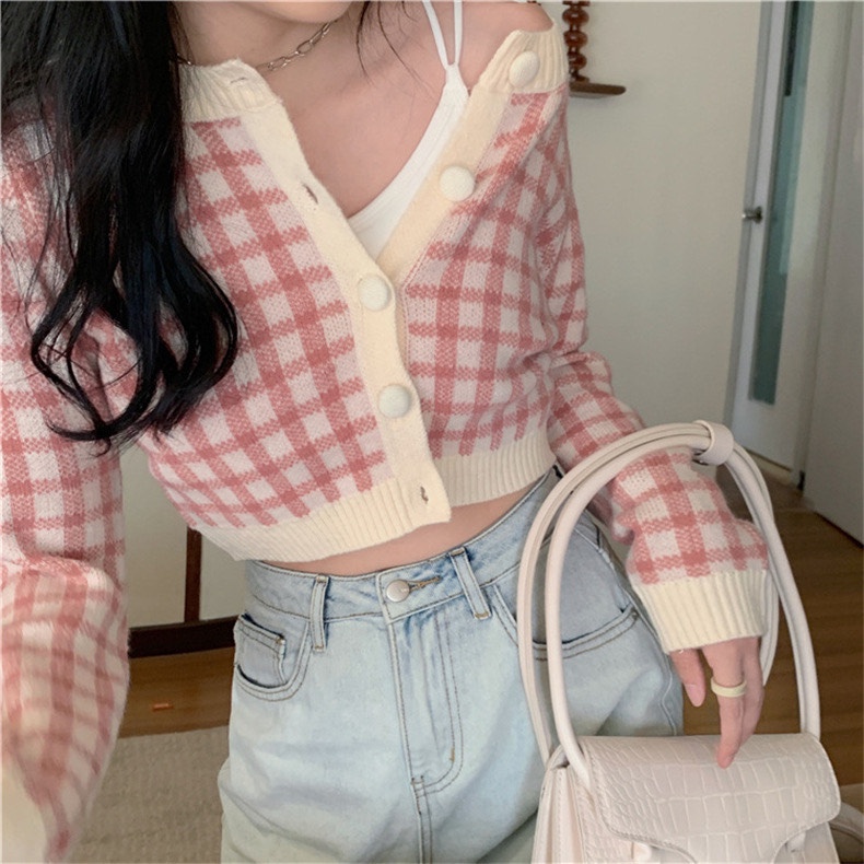 Áo cảdigan croptop dệt kim kẻ ô bàn cờ 4 màu- Áo cardigan len croptop kẻ