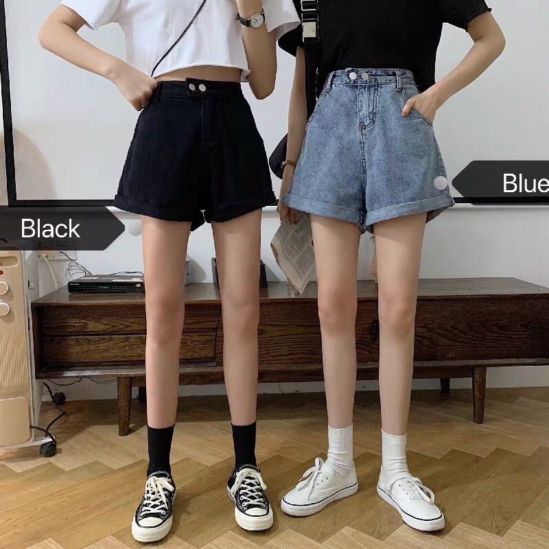 Quần Short Jeans Trơn Gập Gấu Hai Khuy Kiểu Dáng Thời Trang Phong Cách Ulzzang