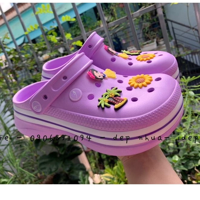 Dép crocs nữ độn đế cao 6cm (Tặng 06 sticker) - Giày sục nhựa sọc cao cấp SL019