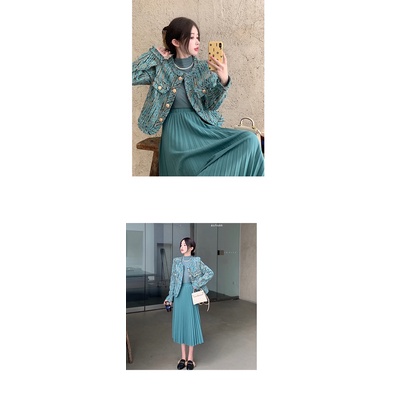 Khoác + Áo thun dài tay+ Chân váy xếp ly