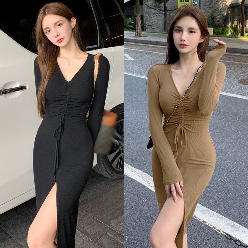 Đầm tay dài cổ chữ V màu sắc thanh lịch cho nữ