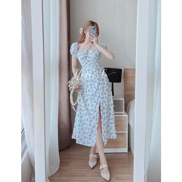 ✨BÁN SỈ✨Đầm xẻ chân trắng hoa xanh có dây buộc chất thô tằm đẹp