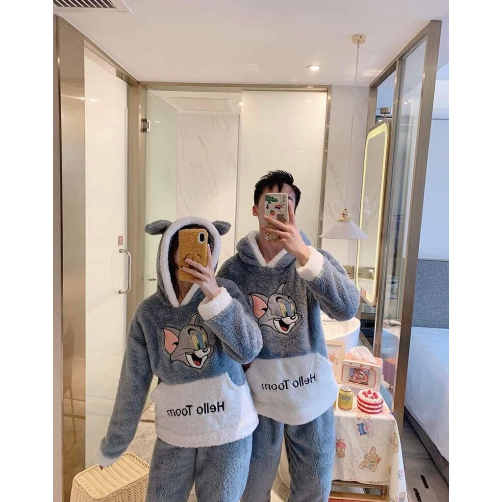 Bộ đồ siêu phẩm mùa đông lông min 2 mặt dày đẹp đôi mèo Tom dành cho cặp đôi cute nhất 2021