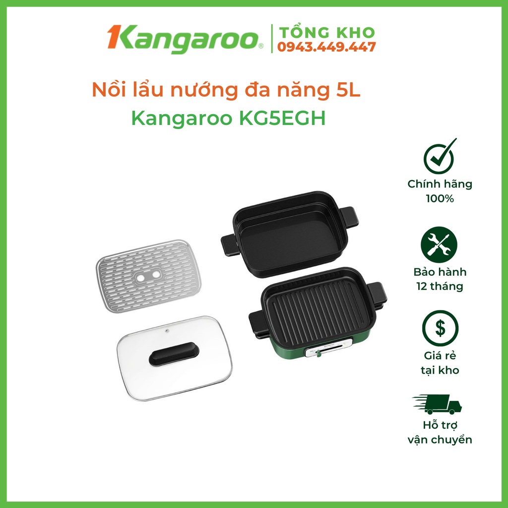 Nồi lẩu nướng đa năng Kangaroo KG5EGH dung tích lớn 5L, thiết kế 2 tầng, 2 chức năng lẩu - nướng tiện lợi