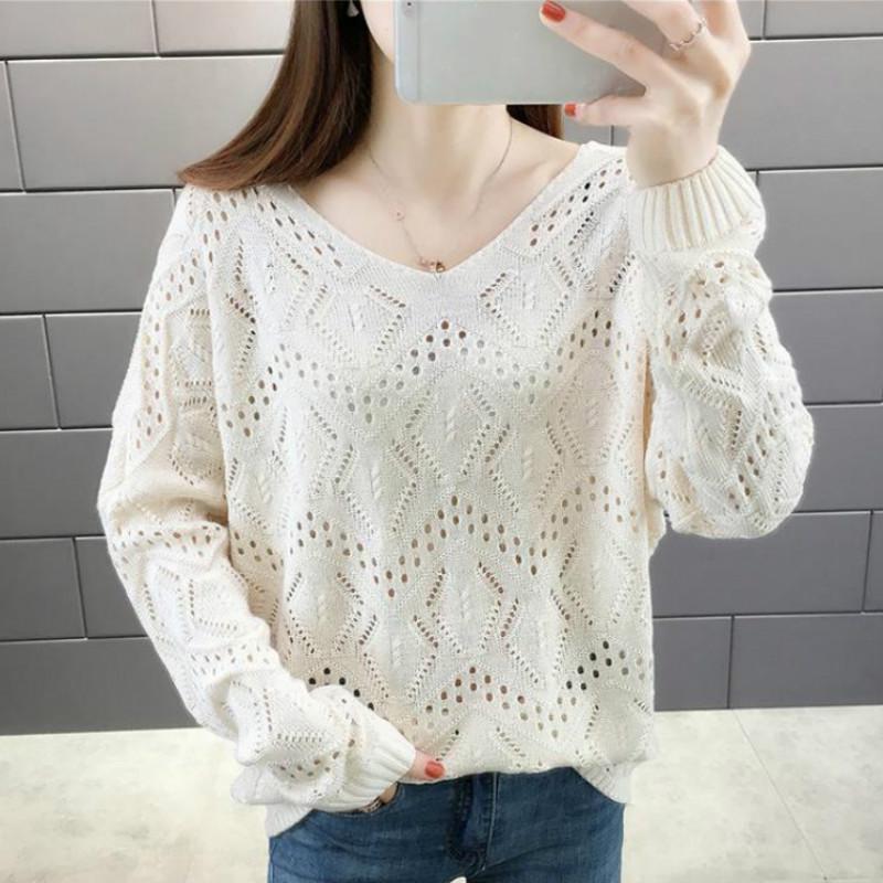 Áo sweater dệt kim cổ chữ V tay dài họa tiết cổ lỗ dáng rộng trơn màu