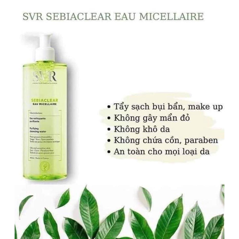 NƯỚC TẨY TRANG SVR SEBIACLE EAU MICELLAIRE 400ML CHÍNH HÃNG - BẢO BỐI CHO DA DẦU NHẠY CẢM - 10270