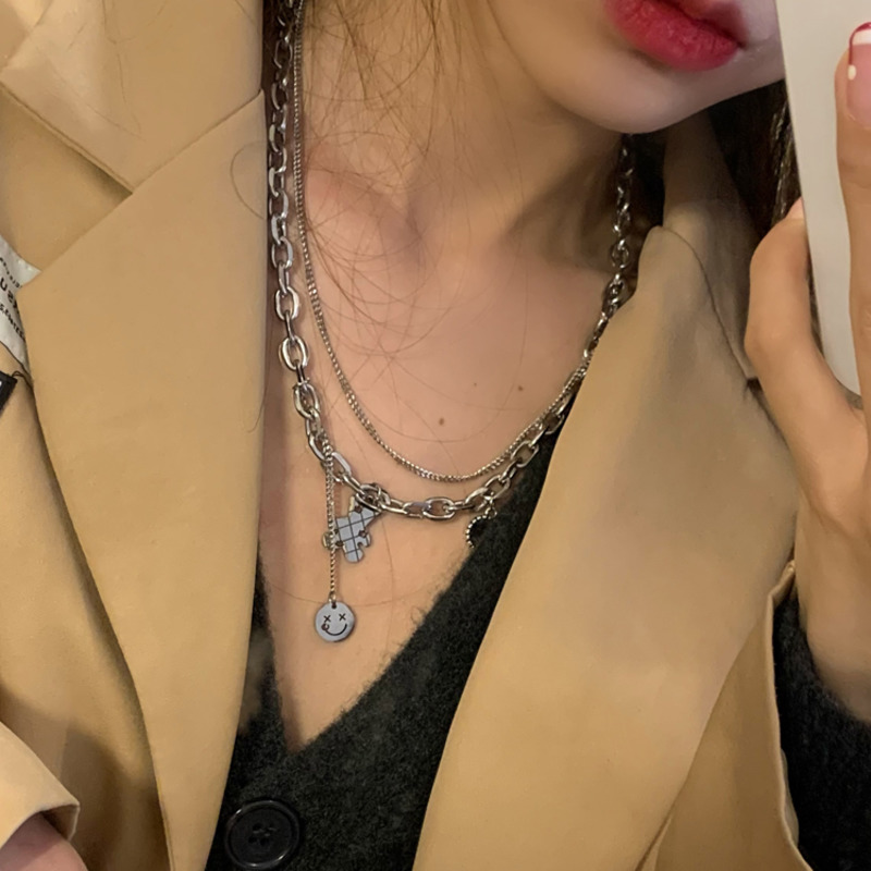 Dây chuyền hai lớp gấu mặt cười dễ thương phong cách hip hop đơn giản dễ phối