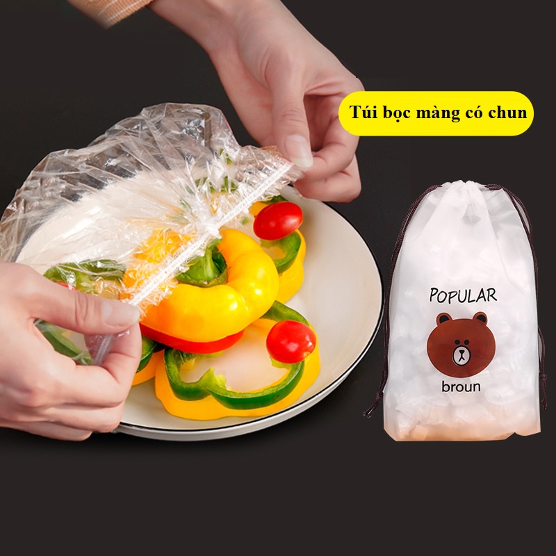 Quà tặng kẹo - Set 100 Màng Bọc Thực Phẩm Gấu Co Giãn Siêu Dai, Túi bọc thực phẩm Có Chun Gia dụng OSIN