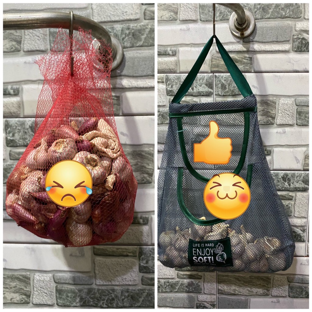 Túi Treo hành tỏi - Lưu Trữ Hành Tỏi Tránh Mốc Lưới Đan ENJOY SOFT, Màu Xanh Xám, Hình Tháp 2 ngăn