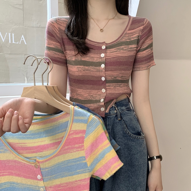 【ZHELIHANGFEI】Áo Cardigan Dệt Kim Tay Ngắn Dáng Ôm Kẻ Sọc Quyến Rũ Trẻ Trung