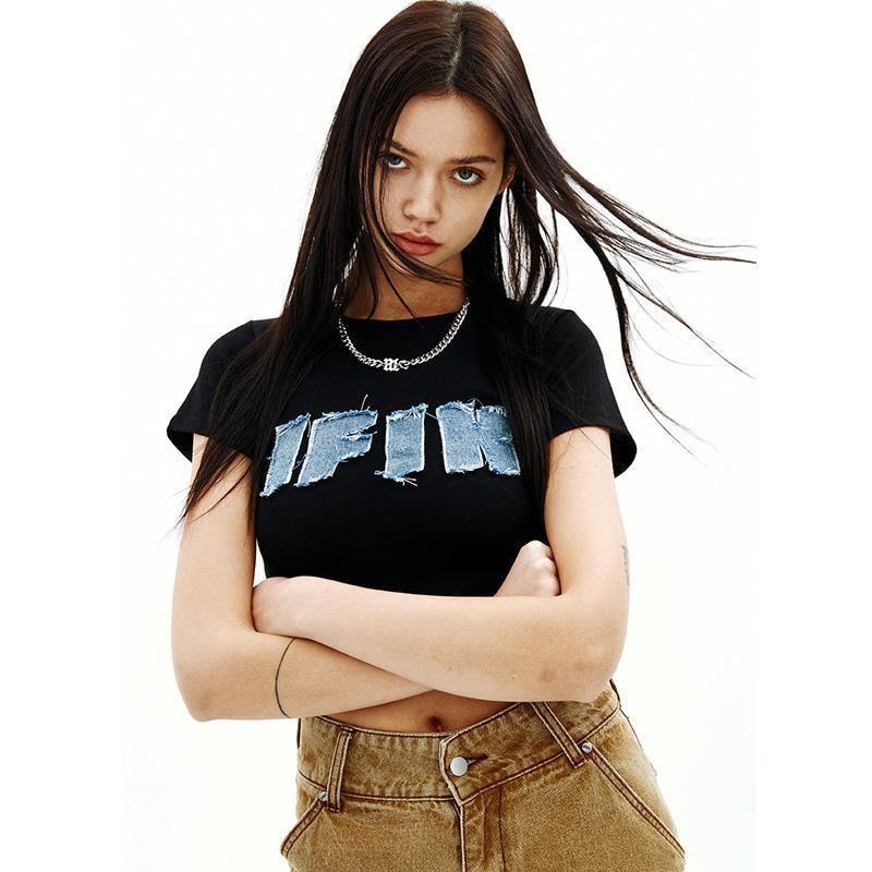 Áo Thun Denim Tay Ngắn Thêu Hình Y2k Mũi Một Hàng