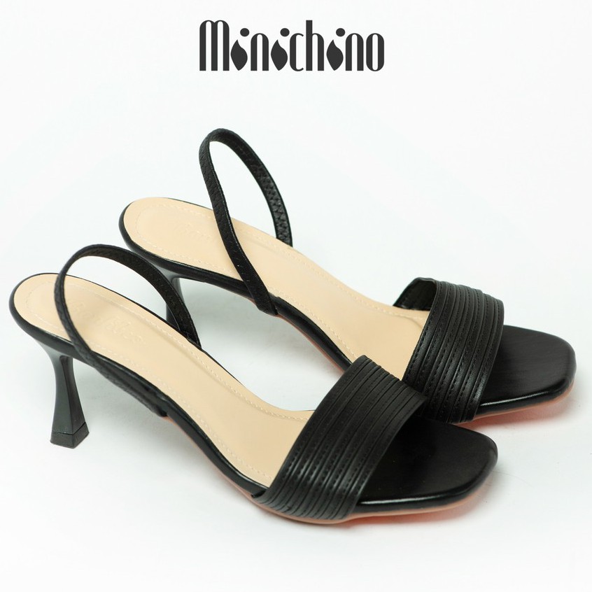 Giày sandal nữ quai mảnh gót cao 7p MINICHINO chất da mờ lì mũi tròn gót nhọn hở gót màu nude TC009