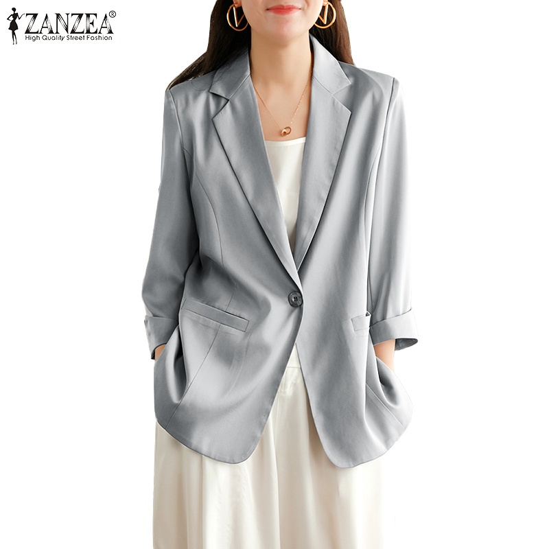 Áo khoác blazer ZANZEA bằng satin tay dài cổ lật xuống có nút gài thời trang công sở cho nữ