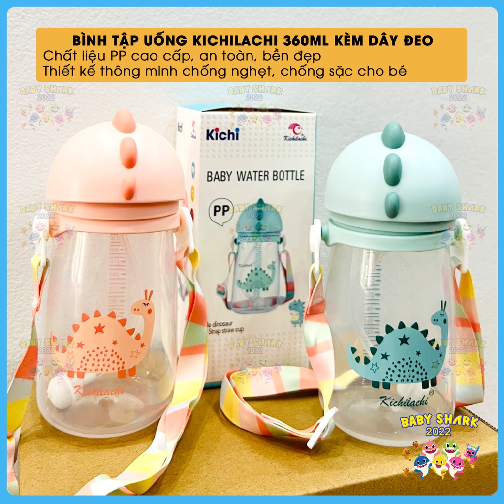 [Tặng cọ ống hút] Bình tập uống nước cho bé PP Kichilachi kèm dây đeo hình khủng long cho bé