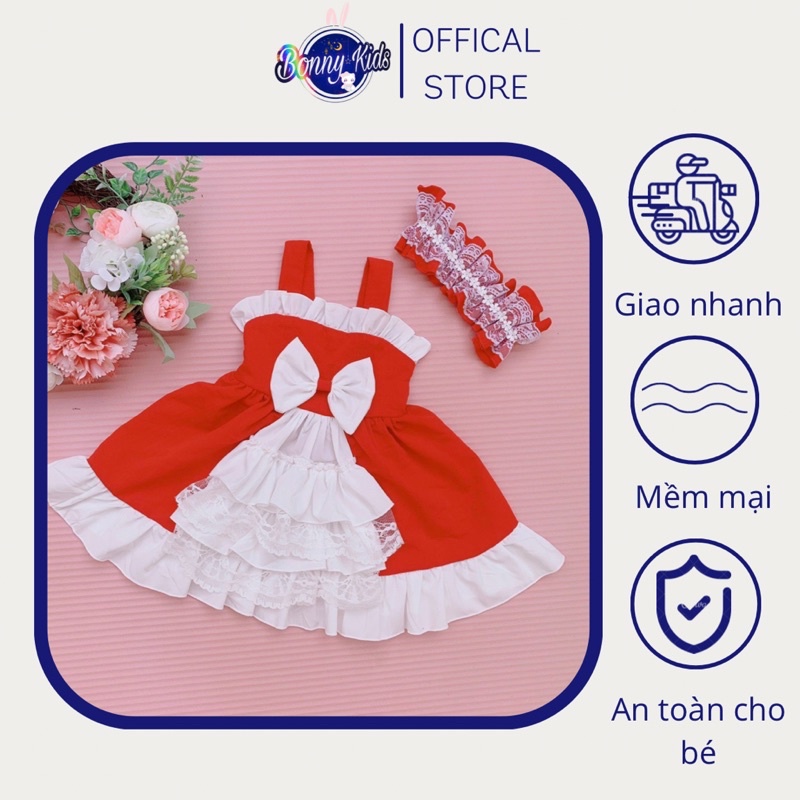 Váy Bé Gái Công Chúa Lollita Đỏ Hai Dây Kèm Turban, Váy Thôi Nôi, Đầm Đầy Tháng.