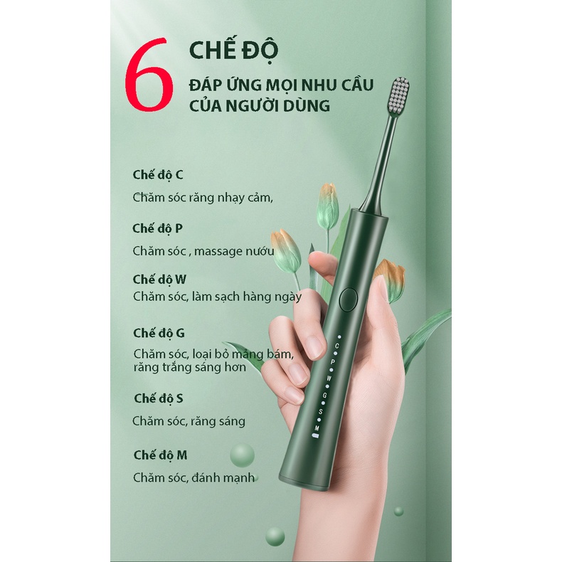 Bàn chải điện FINOSE chính hãng cao cấp, tự động 6 chế độ, công nghệ sóng âm làm sạch mảng bám, bảo vệ răng miệng