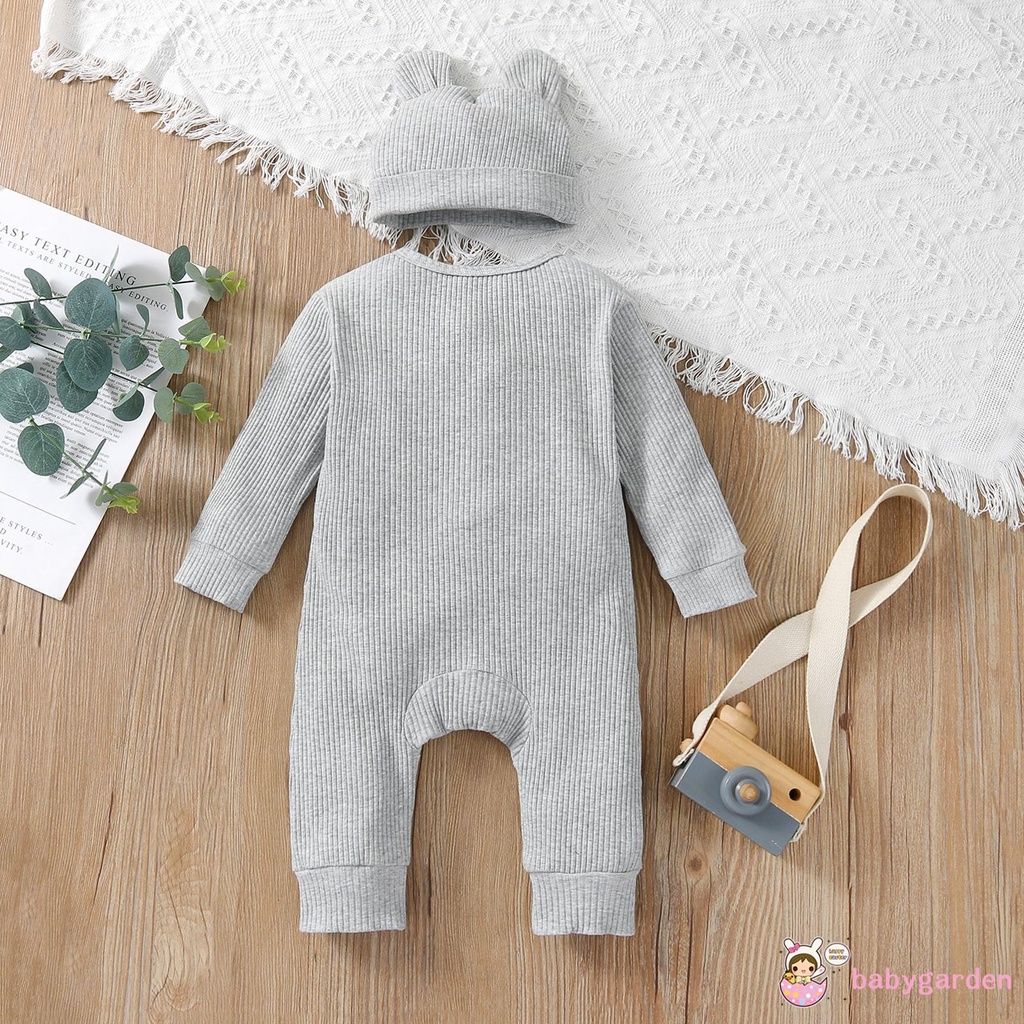 Áo liền quần dài tay cổ tròn màu trơn kèm mũ thời trang xuân thu cho bé trai 0-24 tháng