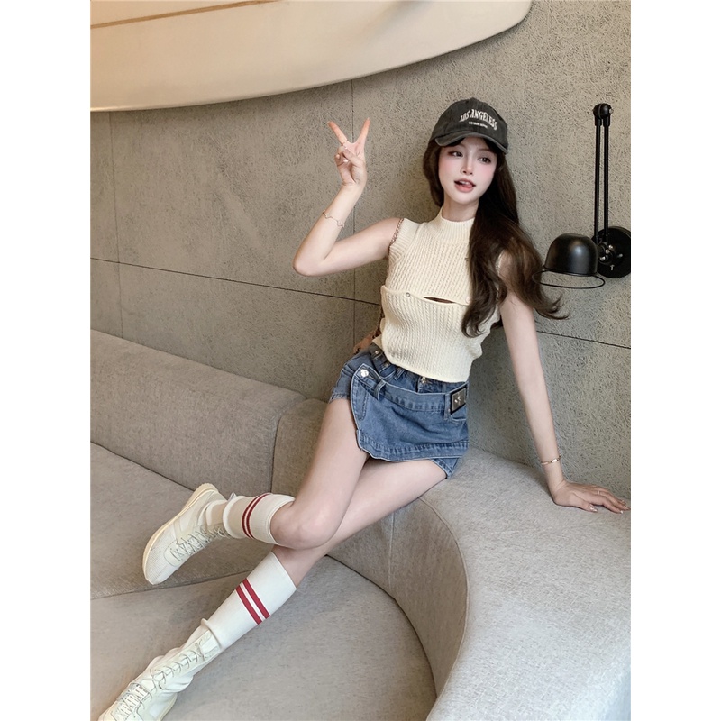 Set Áo Len Không Tay + Chân Váy Jeans Lưng Cao Phong Cách Hàn Quốc Mới Cho Nữ