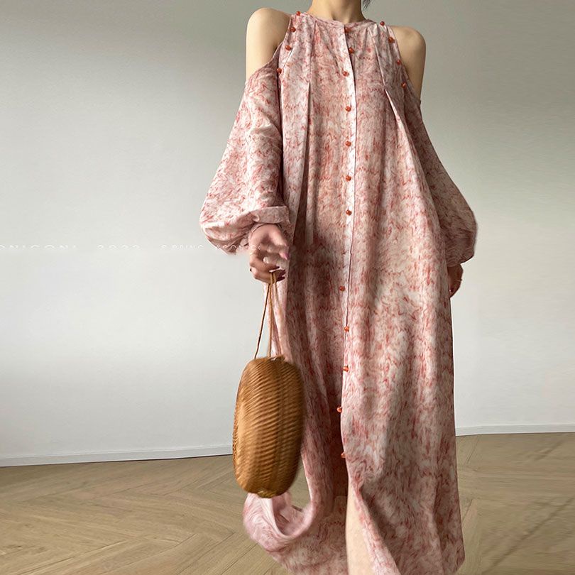 Hàng Có Sẵn Giao Hàng Ngay Ngay Ngay Lập Phương ~ 2022 Váy Dài Hở Vai In Họa Tiết Mực Phong Cách Pháp Mùa Thu