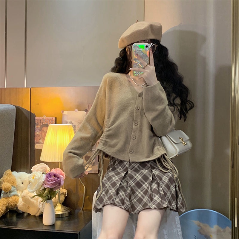 Hàng Mới Về Mới Set Chân Váy Xếp Ly Và Áo Khoác Cardigan Phong Cách Hàn Quốc Cho Nữ