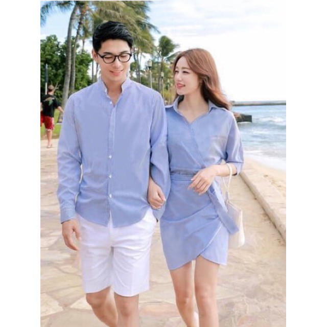 Đồ đôi nam nữ đẹp Set áo váy sơ mi Hàn Quốc dáng dài COUPLE STORE