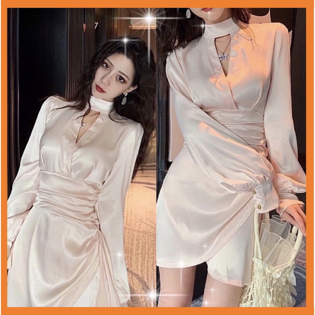 [Sẵn Hàng]♥️Đầm,Váy Lụa Xẻ Ngực Nhún Eo Ulzzang(ảnh thật)Size S,M,L