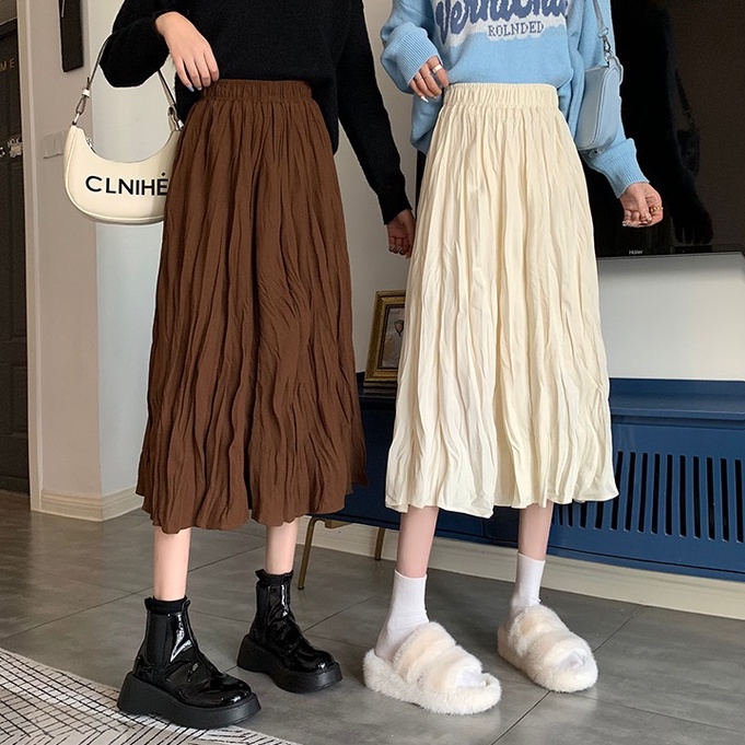 Chân váy midi SUXI lưng cao xếp ly thời trang mùa thu phong cách Hàn Quốc dành cho nữ