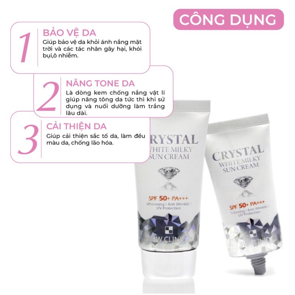 Kem Chống Nắng 3W Clinic Crystal White Milky Sun Cream  SPF 50/ PA +++ Hàn Quốc 50ml