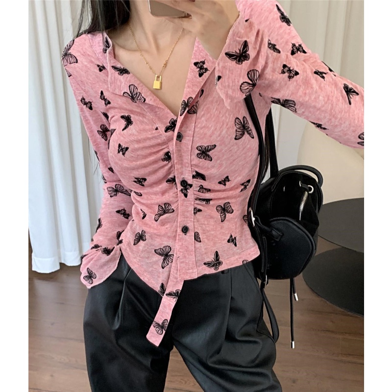 Áo Dệt Kim Tay Dài Dáng Ôm Họa Tiết Bướm Thời Trang Cho Nữ