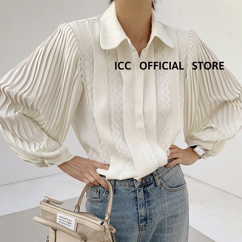 [ORDER] Áo Sơ Mi Dáng Rộng Dài Tay Xếp Ly Phối Ren Phong Cách Hàn Quốc ICC Official Store AO044