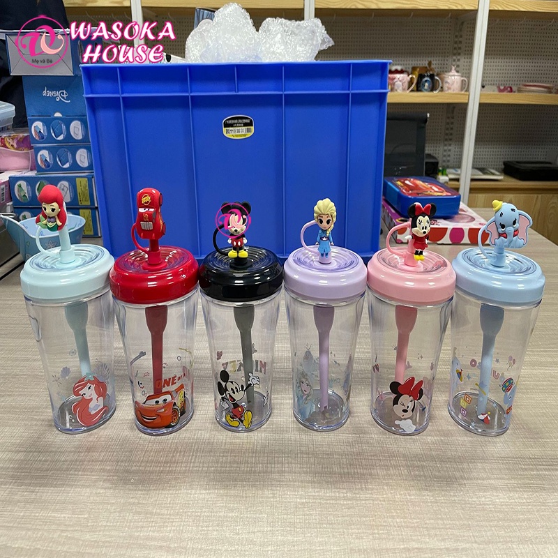 Ly cốc uống nước trẻ em , ly pha lê có nắp kèm ống hút 3D Disney đáng yêu
