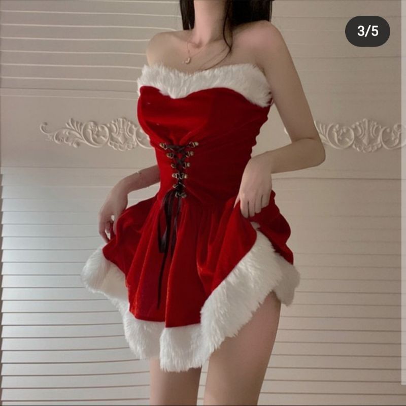 Set noel váy nhung ngắn cúp ngực xoè ôm body sexy viền lông đan dây ngực siết eo tặng mũ áo khoác choàng croptop đỏ | BigBuy360 - bigbuy360.vn