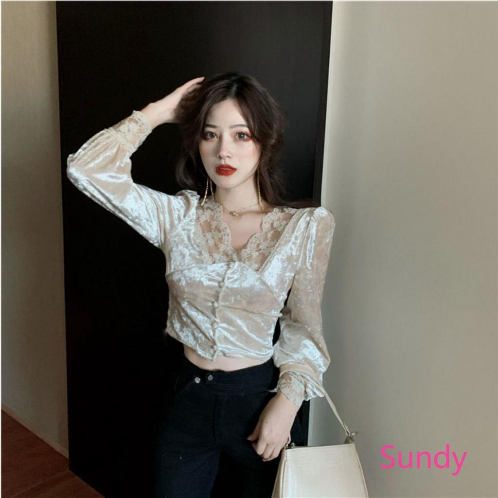 Áo Kiểu Tay Dài Phối Ren Hoa Thiết Kế Cổ Chữ V Quyến Rũ Cho Nữ