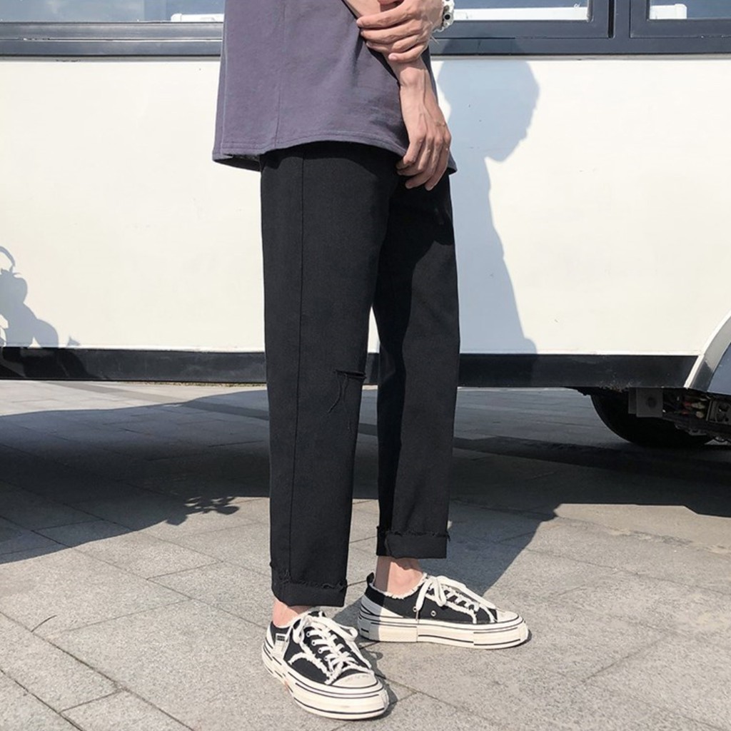 [Tiền Nào Của Đấy]Quần Jean Baggy Nam Rách Gối Ống Rộng Đen Trơn Không Phai Màu Vải Co Giãn-B05 | BigBuy360 - bigbuy360.vn