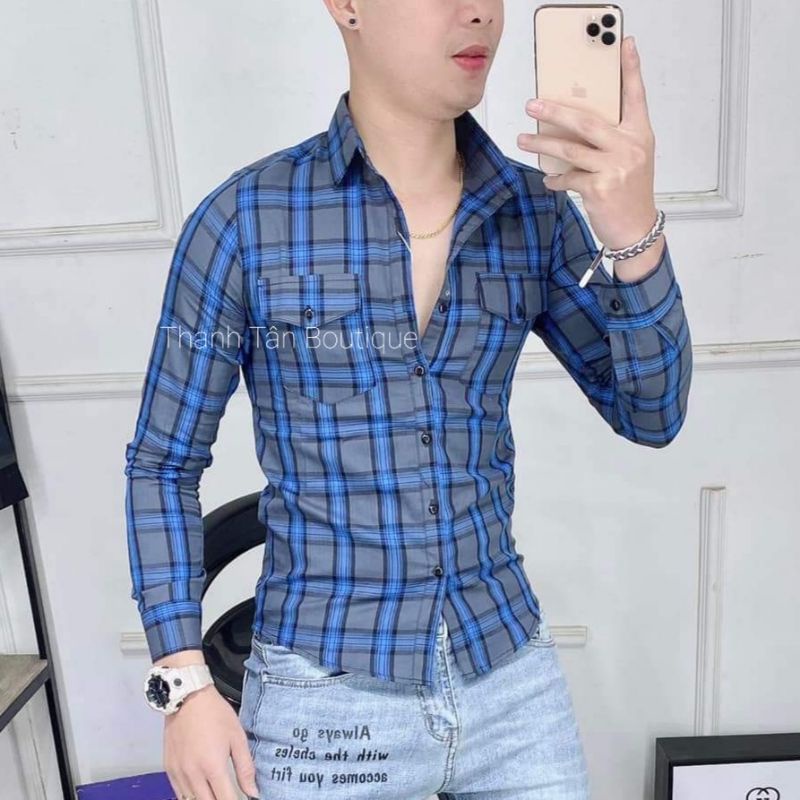 Áo sơ mi bbr dài tay kẻ sọc caro 2 túi ngực phối màu cực chất , chất liệu cotton ko phai màu