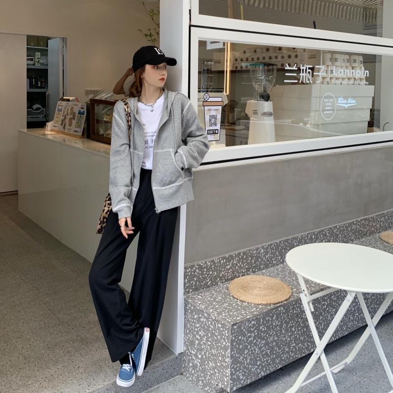 Áo khoác hoodie SUXI dài tay dáng rộng phối khóa kéo thời trang mùa thu Hàn Quốc giản dị dành cho nữ