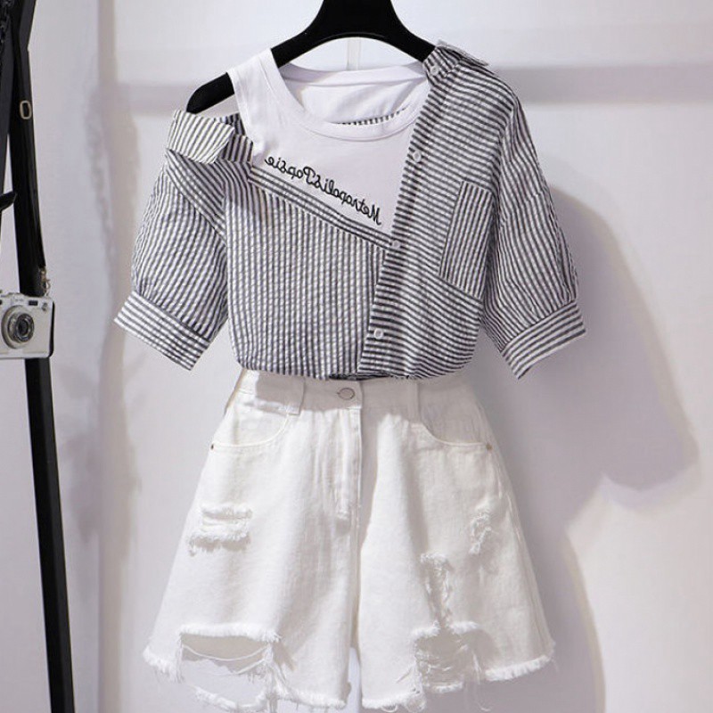 [ORDER TMALL 203] SET Áo Sơ Mi Lệch Vai + Quần Short Denim Rách Lưới