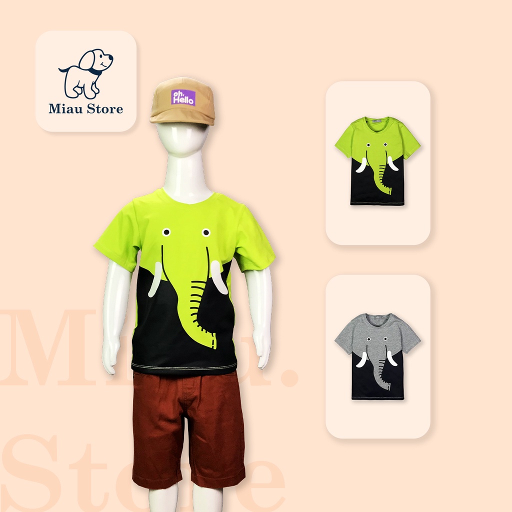 Áo Phông Bé trai Hình Chú Voi Con Ngộ Nghĩnh Đáng yêu, Thun Cotton Mịn Mát Cho Bé Đến 55Kg mặc đi học đi chơi